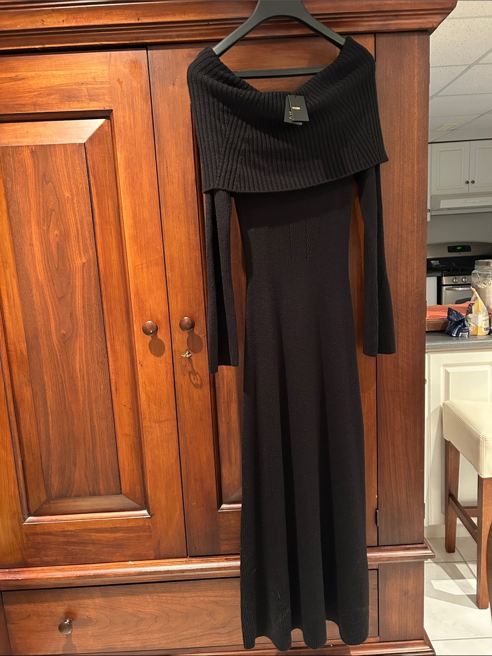 Maje Black Off-the-Shoulder Ribbed Maxi Dress